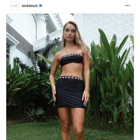 Oceanus | NWT White Aaliyah Crystal Trim Bandeau Top Mini Skirt Set XS - Picture 11 of 13